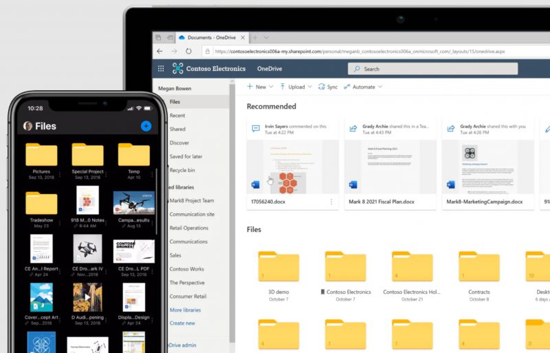 Microsoft OneDrive for business image of folders on a smartphone and a tablet screen