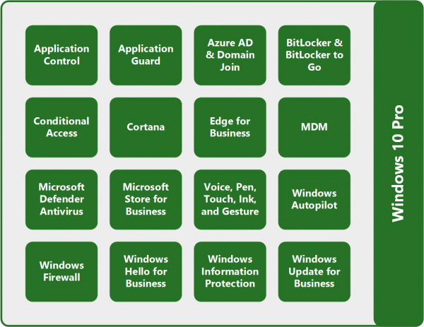 Infographic table that shows what is included in Windows 10 Pro. 