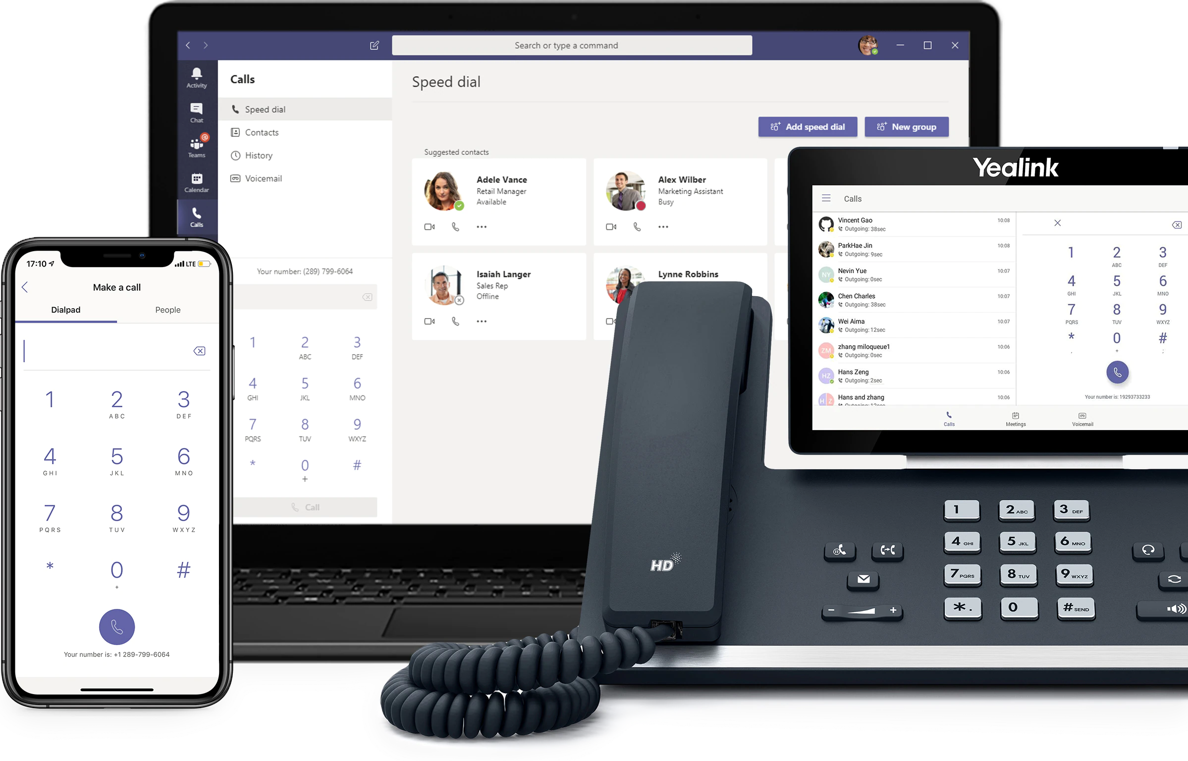 A desktop screen, mobile phone, and desk phone all displaying Microsoft Teams