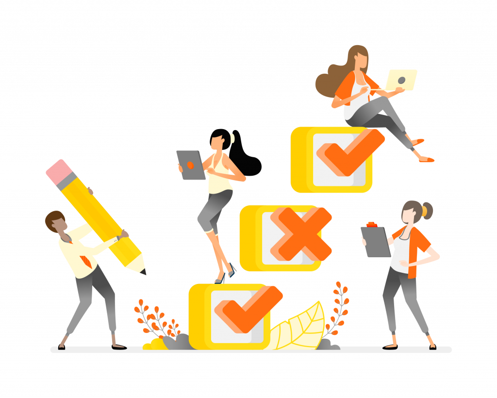 Illustration of check boxes and individuals doing various tasks